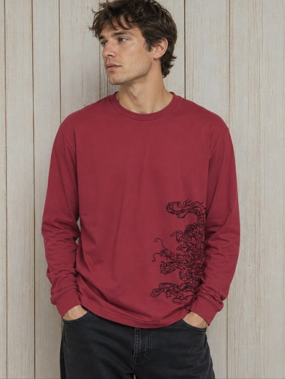 Supreme Dragon Graphic  Long Sleeve Tee Shirt Red  Black